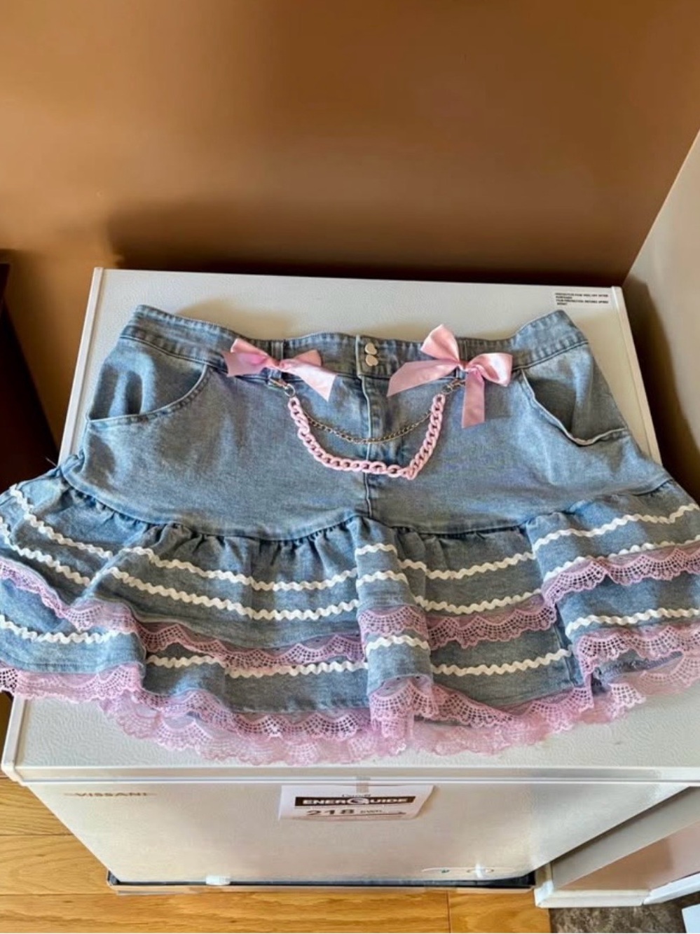 Pink-Trim Denim Ruffle Mini Skirt with Bows Plus Size